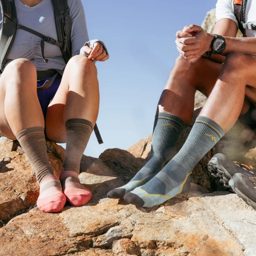 Two hikers wearing matching Light Hiker Boot socks