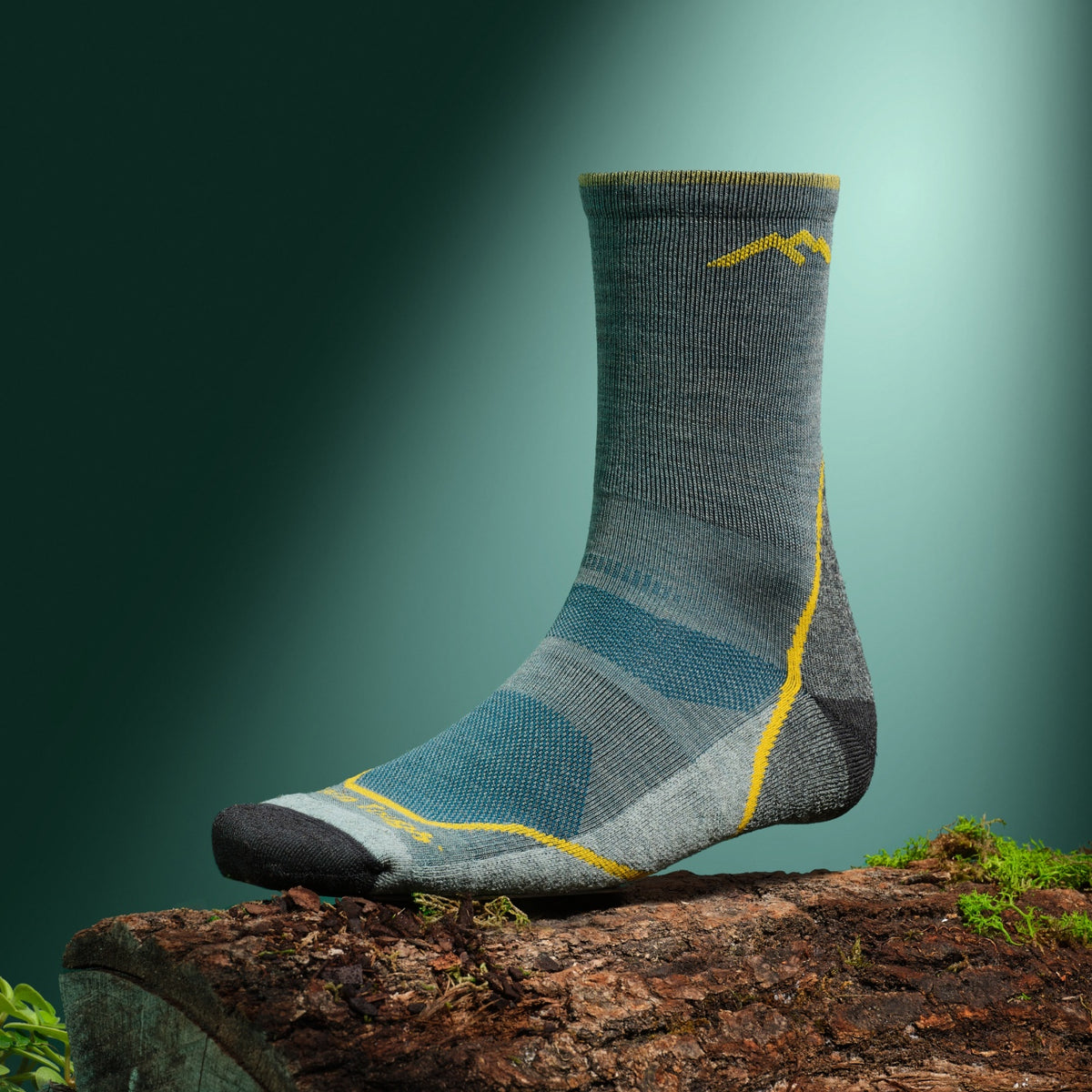 The Light Hiker Micro Crew sock from Darn Tough, shown posed on a log