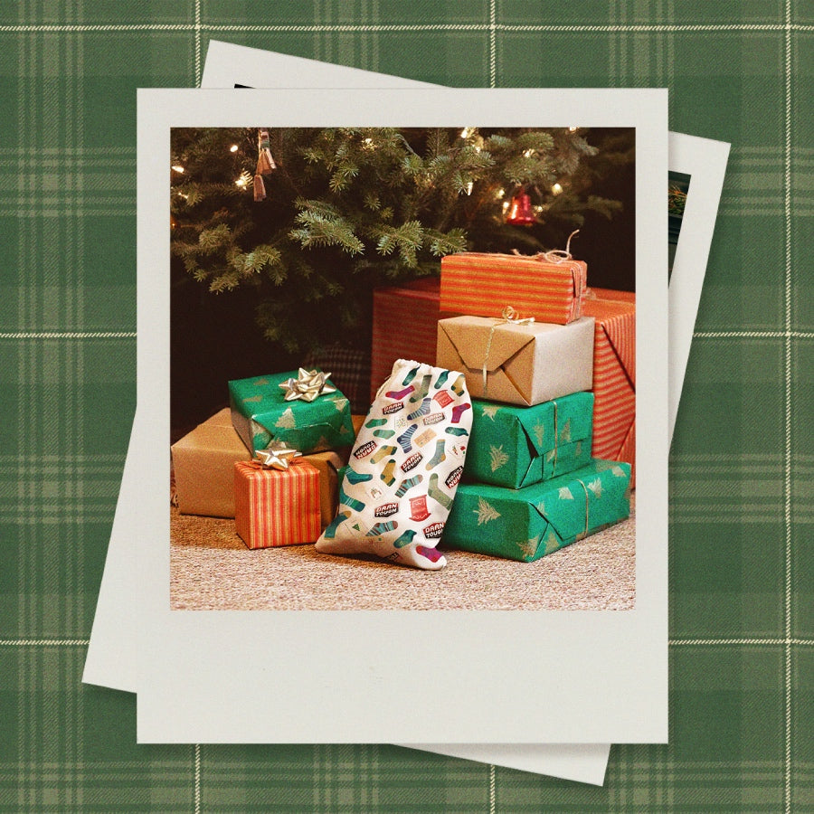 A polaroid showing a Darn Tough gift bag under a tree 