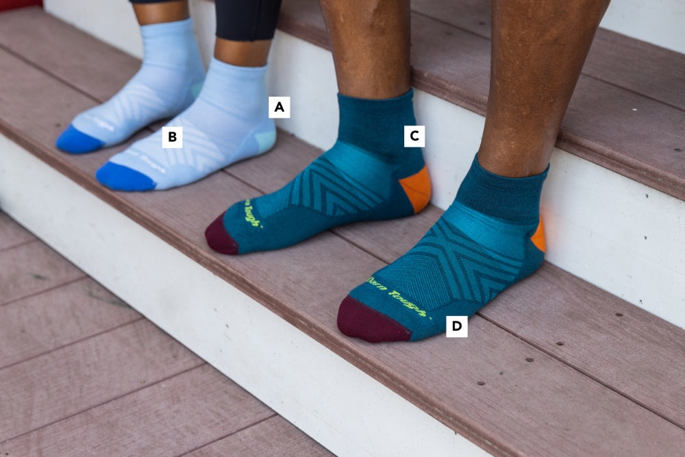Two socks for running laid out with letters marking where key performance features are