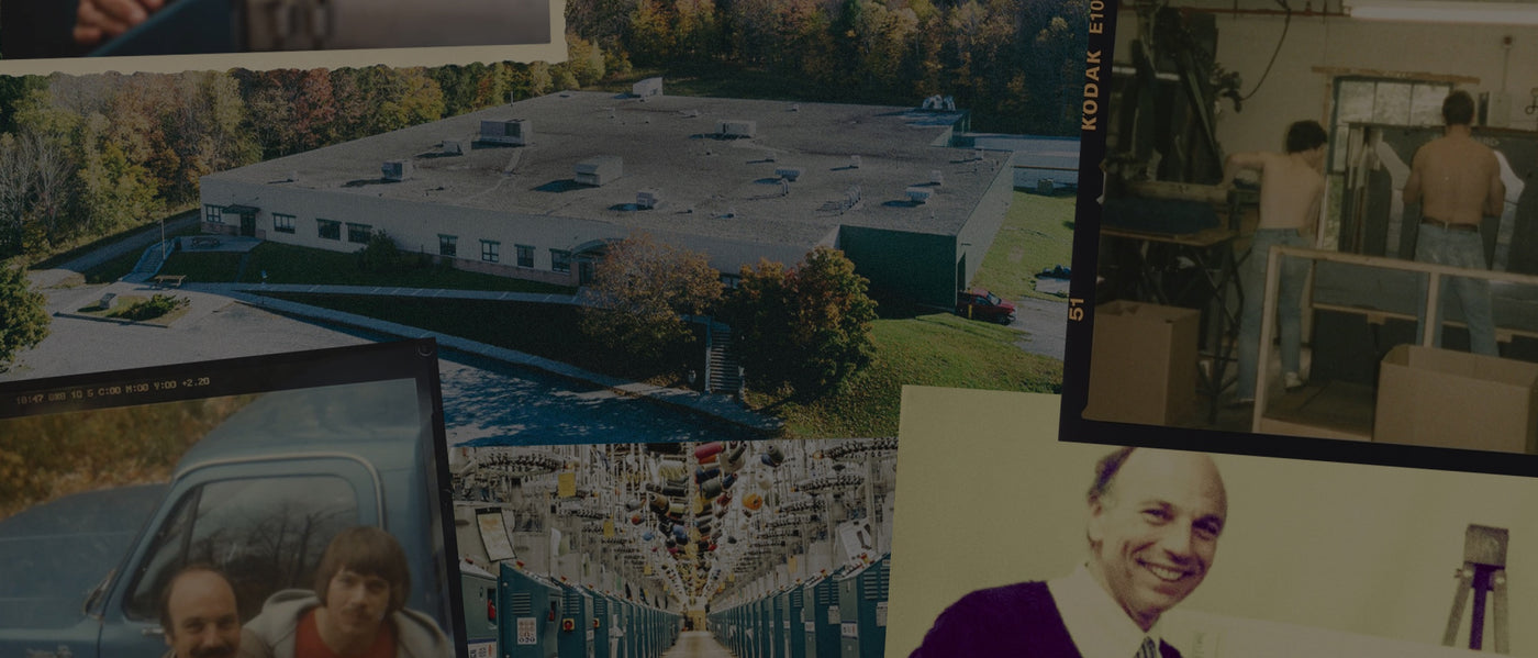 A collage of images from Darn Tough's history, showing the Mill, Ric, and Marc