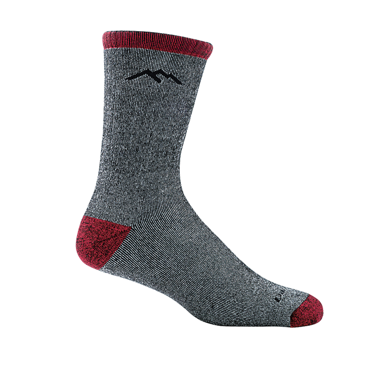 Closeup detail hot of the Men's Mountaineering Micro Crew Heavyweight Hiking Sock in Smoke with red accents