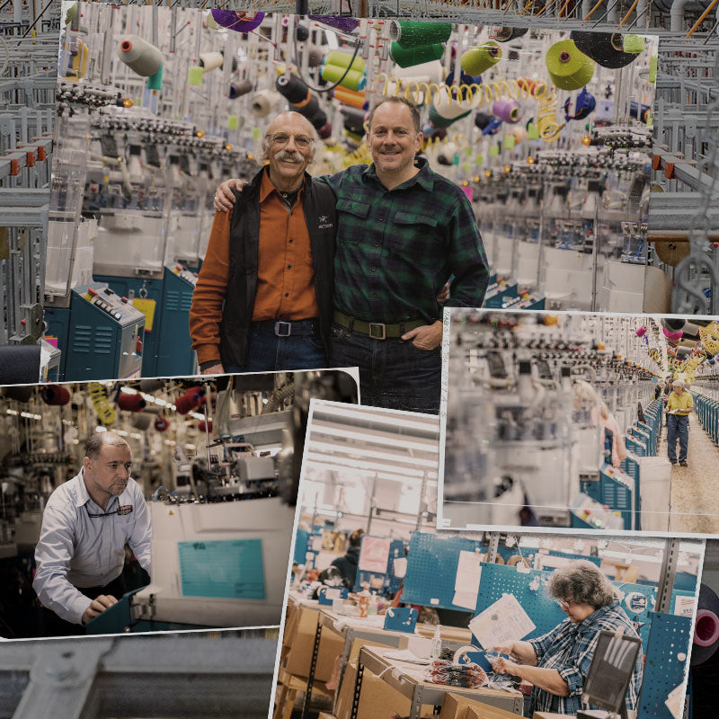 A collage of images, including Ric and Marc Cabot at the mill and the knitting machines