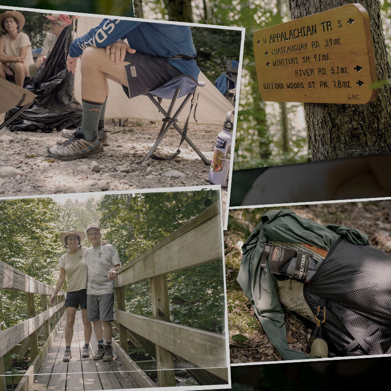 A collage of hiking photos, showing the Appalachian Trail, backpacks, and the Hiker Micro Crew