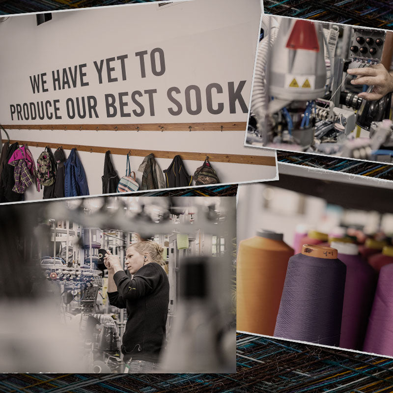 Shots from the Darn Tough Mills, including the wall that proclaims "we have yet to produce our best sock"