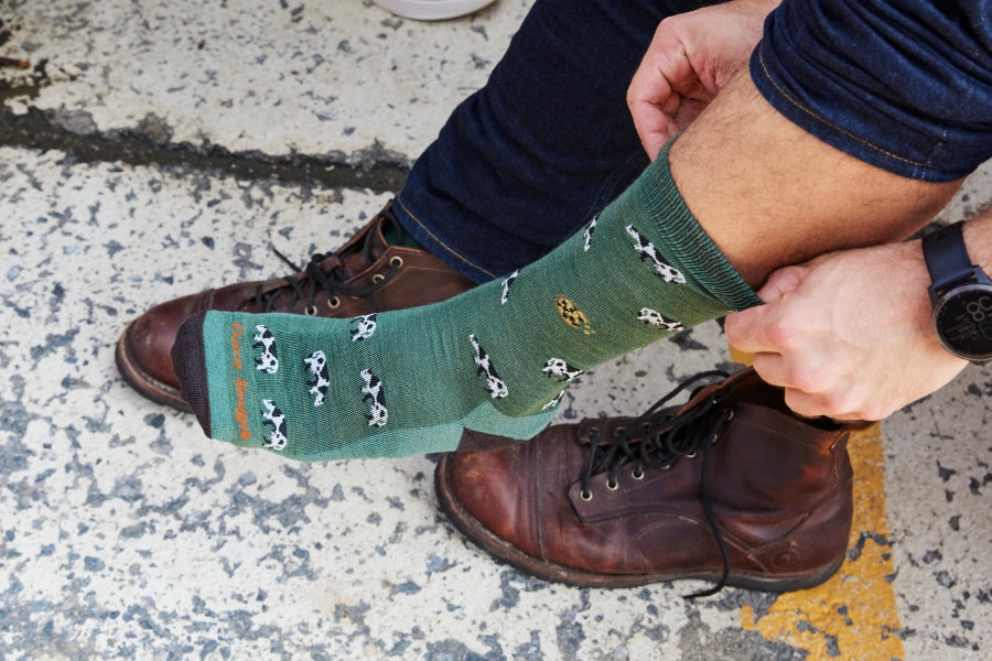 Person putting on the Dairy Air sock, covered in cows and cookies