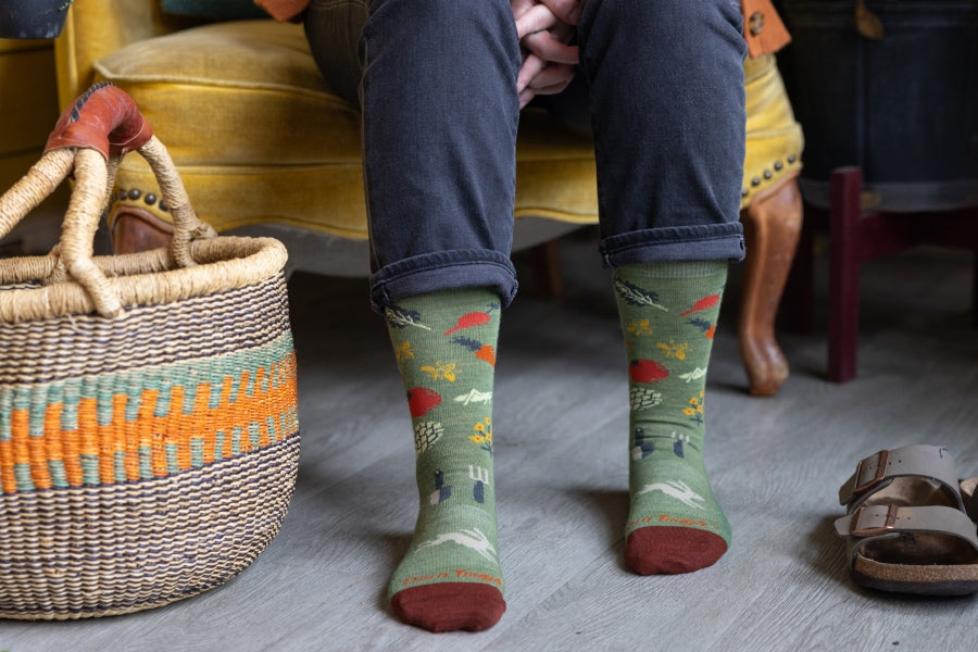 A pair of feet wearing the Farmer's Market, a sock giving to the Vermont Foodbank