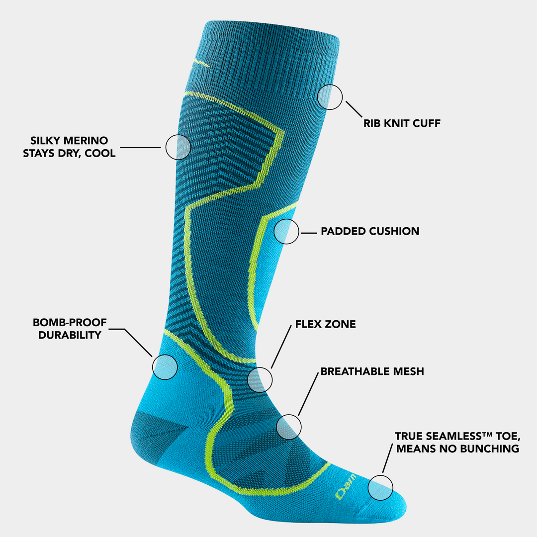 s Alt Text Women's Outer Limits Ski and snowboard socks in Cascade outlining the feature benefits.
