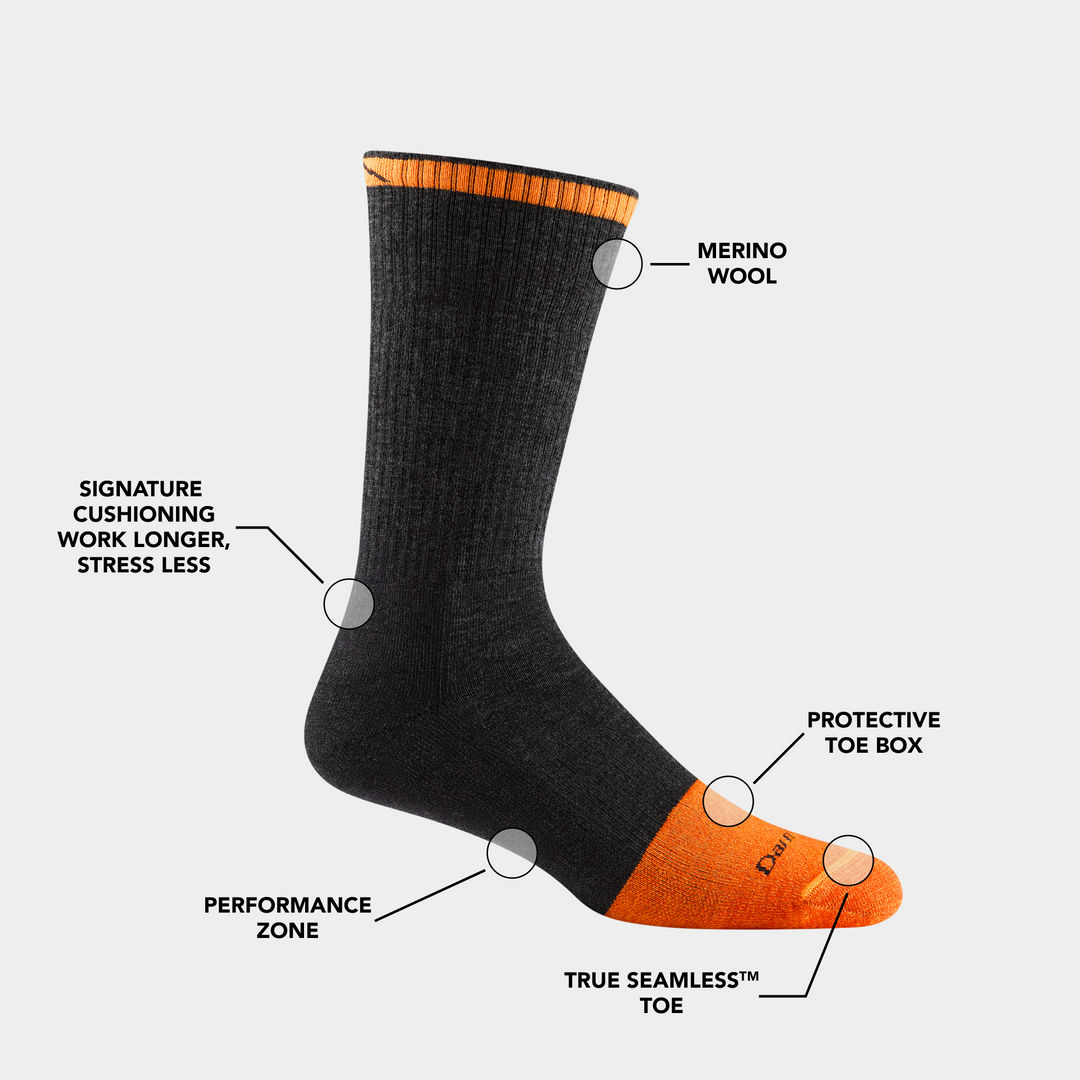 Men's Steely Boot sock in Graphite outlining the feature benefits.