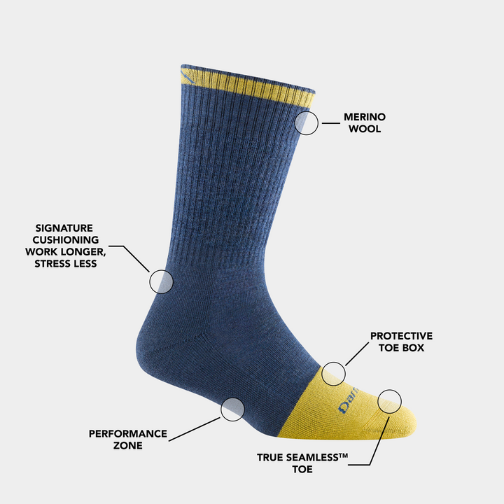 s Alt Text Women's steely boot sock in Indigo outlining the feature benefits.