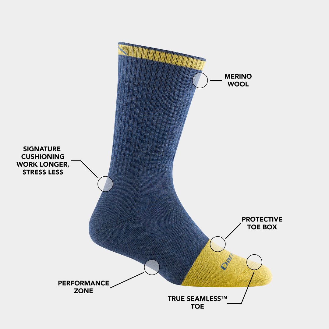 Women's steely boot sock in Indigo outlining the feature benefits.