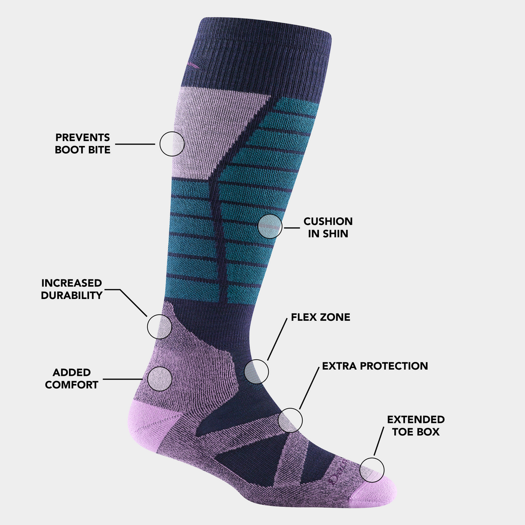 Women's Function X Ski and Snowboard socks in Eclipse outlining the feature benefits.