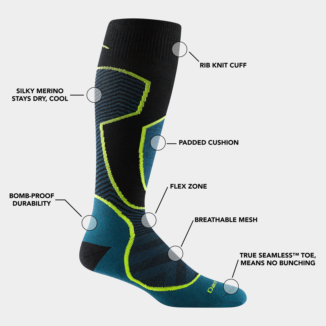 Men's Outer Limits ski and snowboard sock in Black outlining the feature benefits.