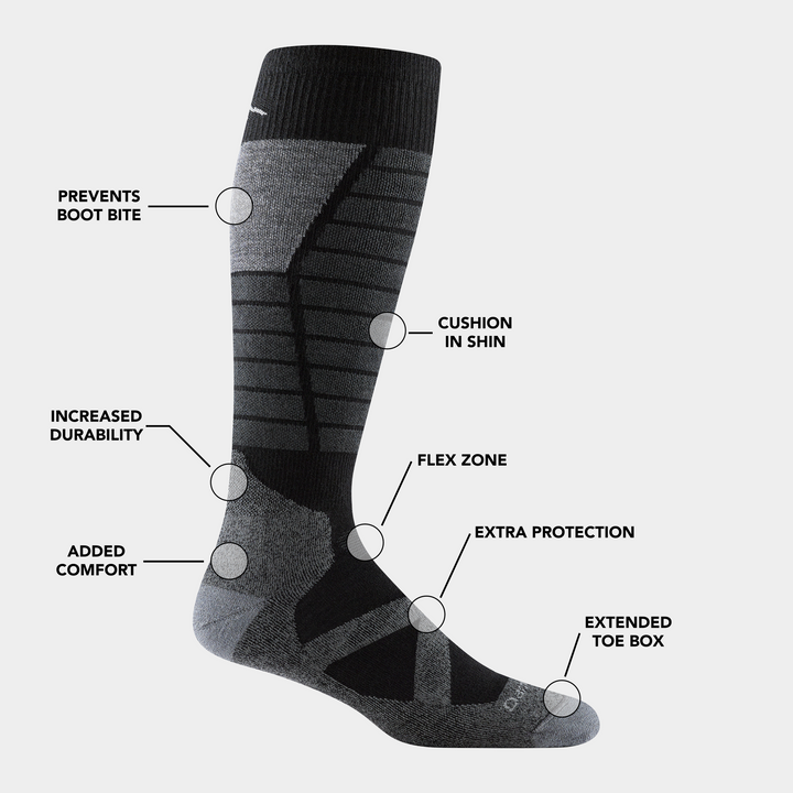 Men's Function X Ski and Snowboard sock in Black outlining the feature benefits.