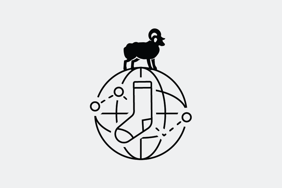 A Merino sheep standing on top of a globe illustration with a sock at the center of the world