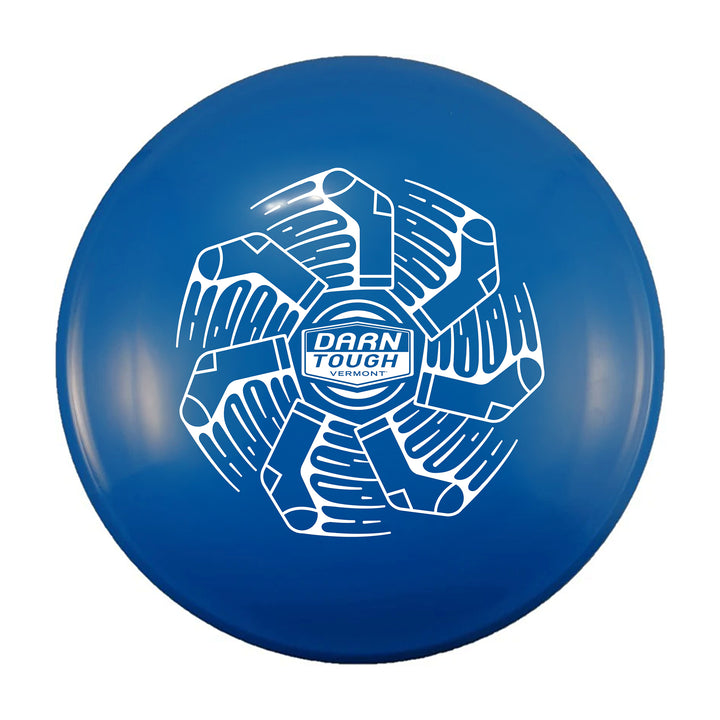 Catch disc in dark blue featuring the darn tough logo in the center and socks spinningvaround it