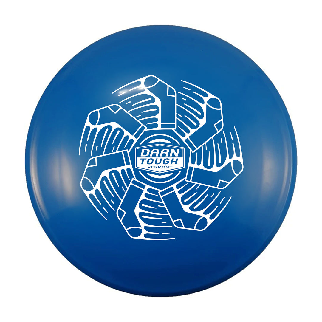 Catch disc in dark blue featuring the darn tough logo in the center and socks spinningvaround it
