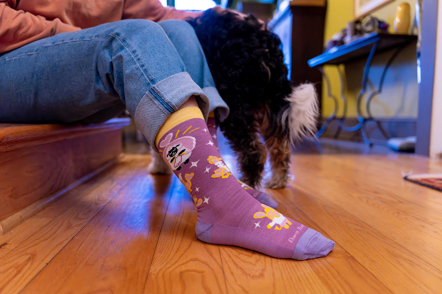 Feet wearing purple socks featuring a sheep knitting gifts for his animal friends