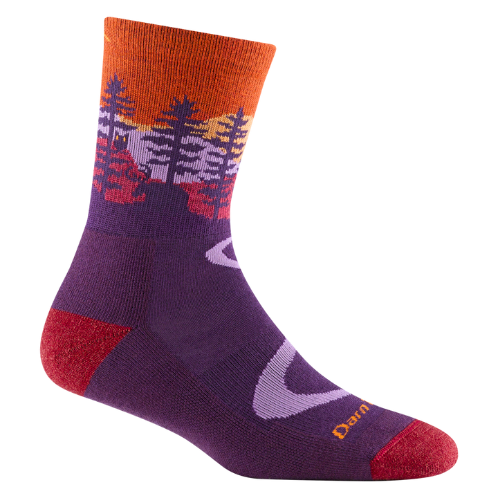 reverse 5013 women's northwoods micro crew hiking sock in nightshade with a red toe/heel accents and a moose and tree design on the ankle