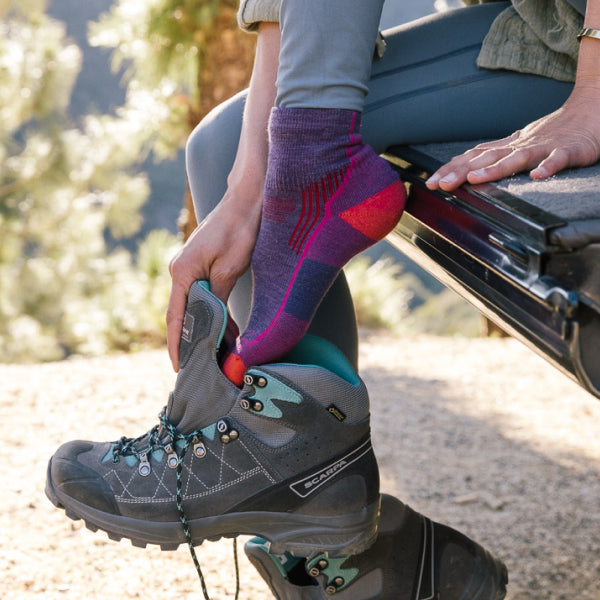 Close up of putting on hiking boots over purple quarter crew hiking socks