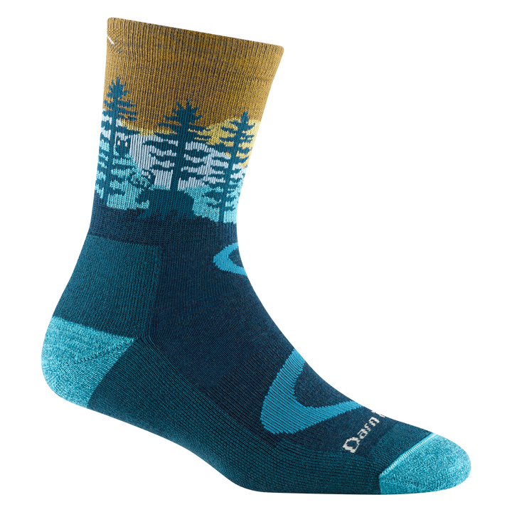 reverse 5013 women's northwoods micro crew hiking sock in dark teal with a blue toe/heel accents and a moose and tree design on the ankle