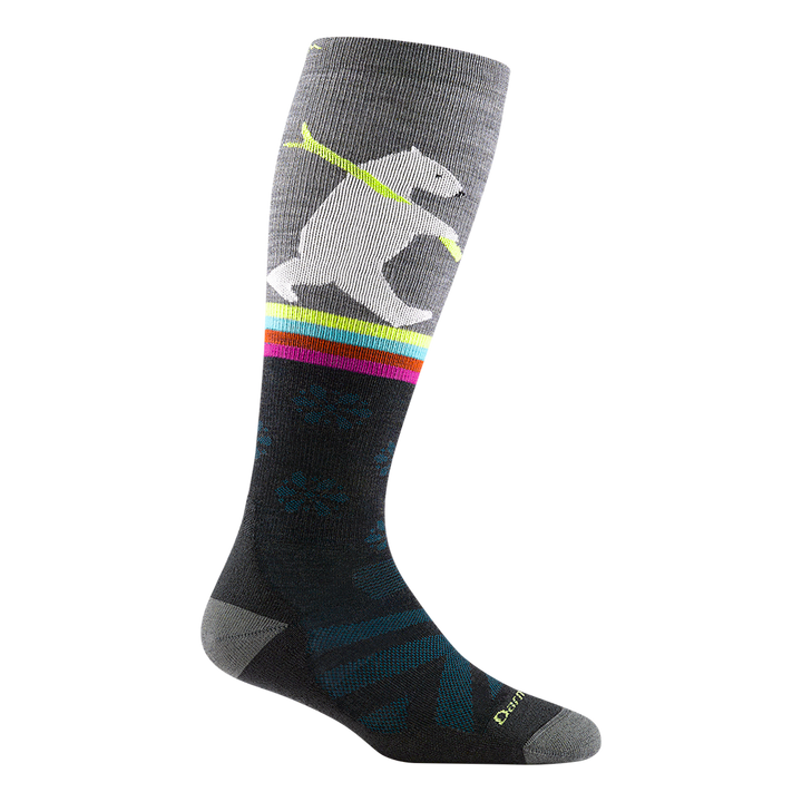 8025 women's due north over-the-calf ski sock in dark gray with light gray toe/heel accents and white polar bear design