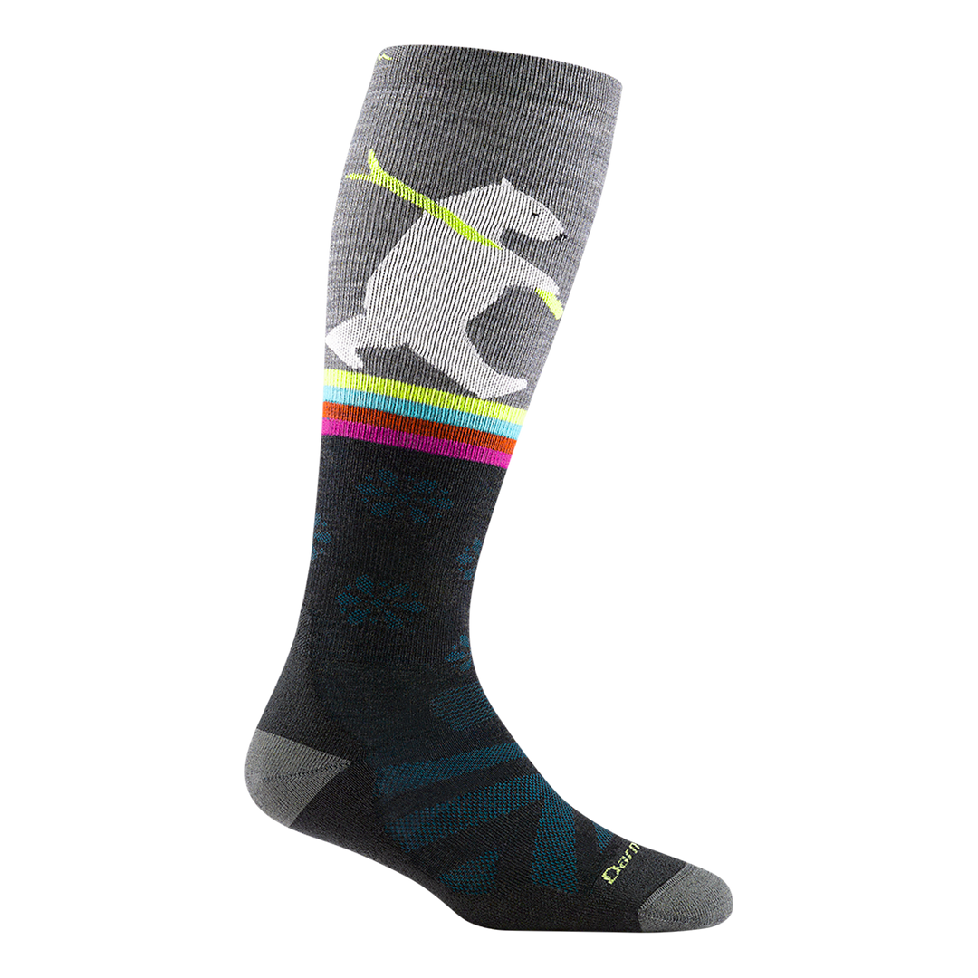 8025 women's due north over-the-calf ski sock in dark gray with light gray toe/heel accents and white polar bear design