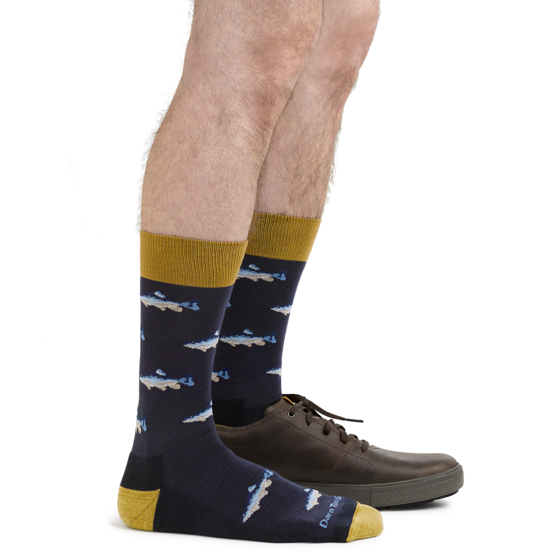 6085 men's navy blue spey fly fish socks on foot wearing formal shoes