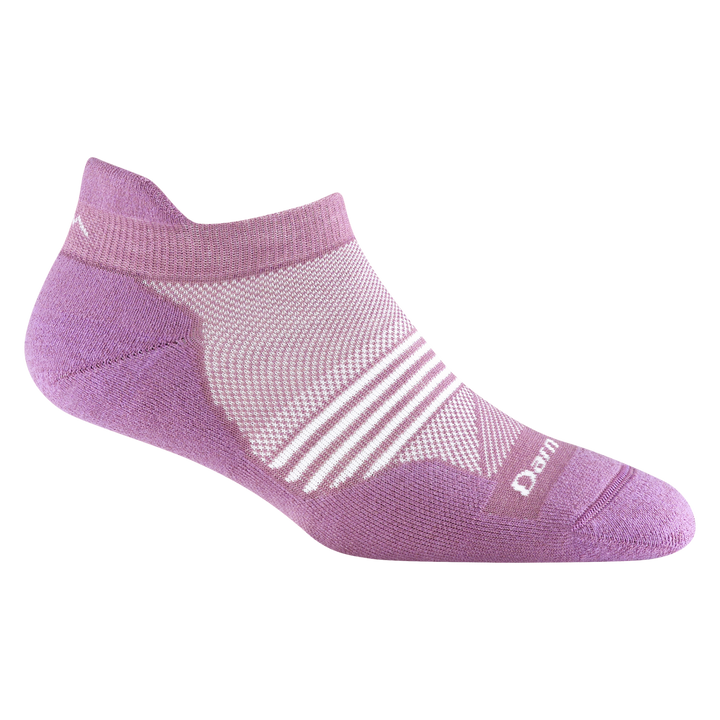1112 women's element no show tab running sock in violet with white horizontal forefoot striping
