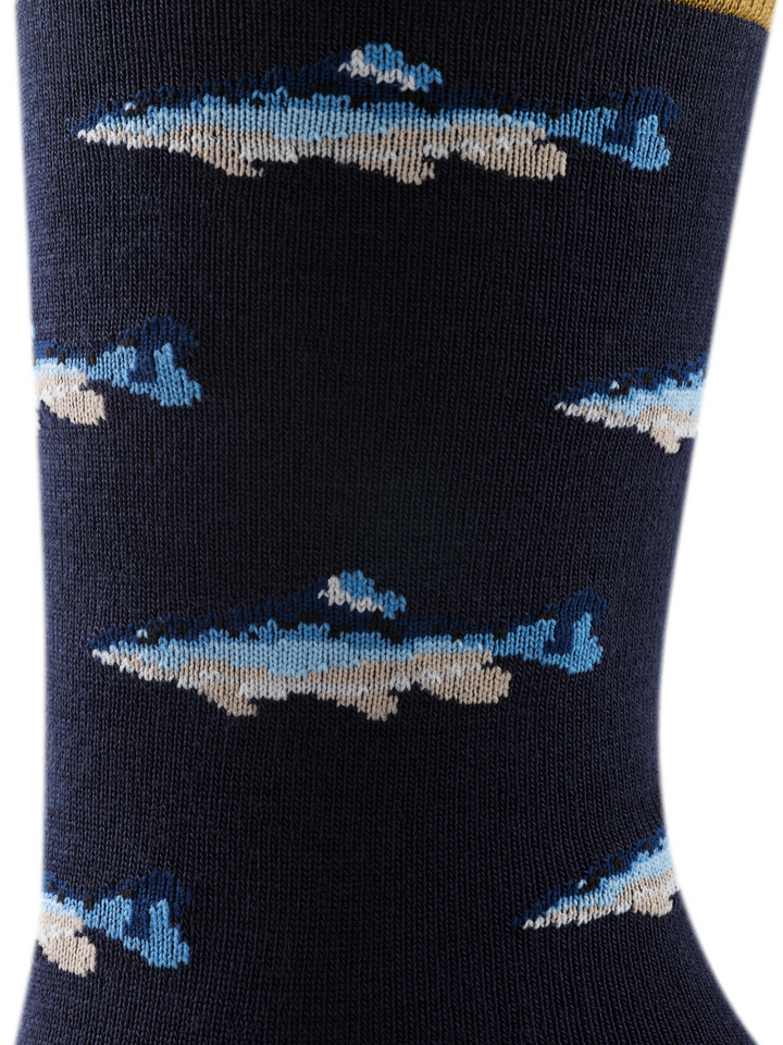 Close up look at fish pattern on Men's Navy Blue Spey Fly Crew Lightweight Lifestyle Socks