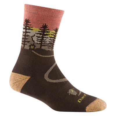 5013 women's northwoods micro crew hiking sock in earth with a tan toe/heel accents and cabin and tree design on the ankle