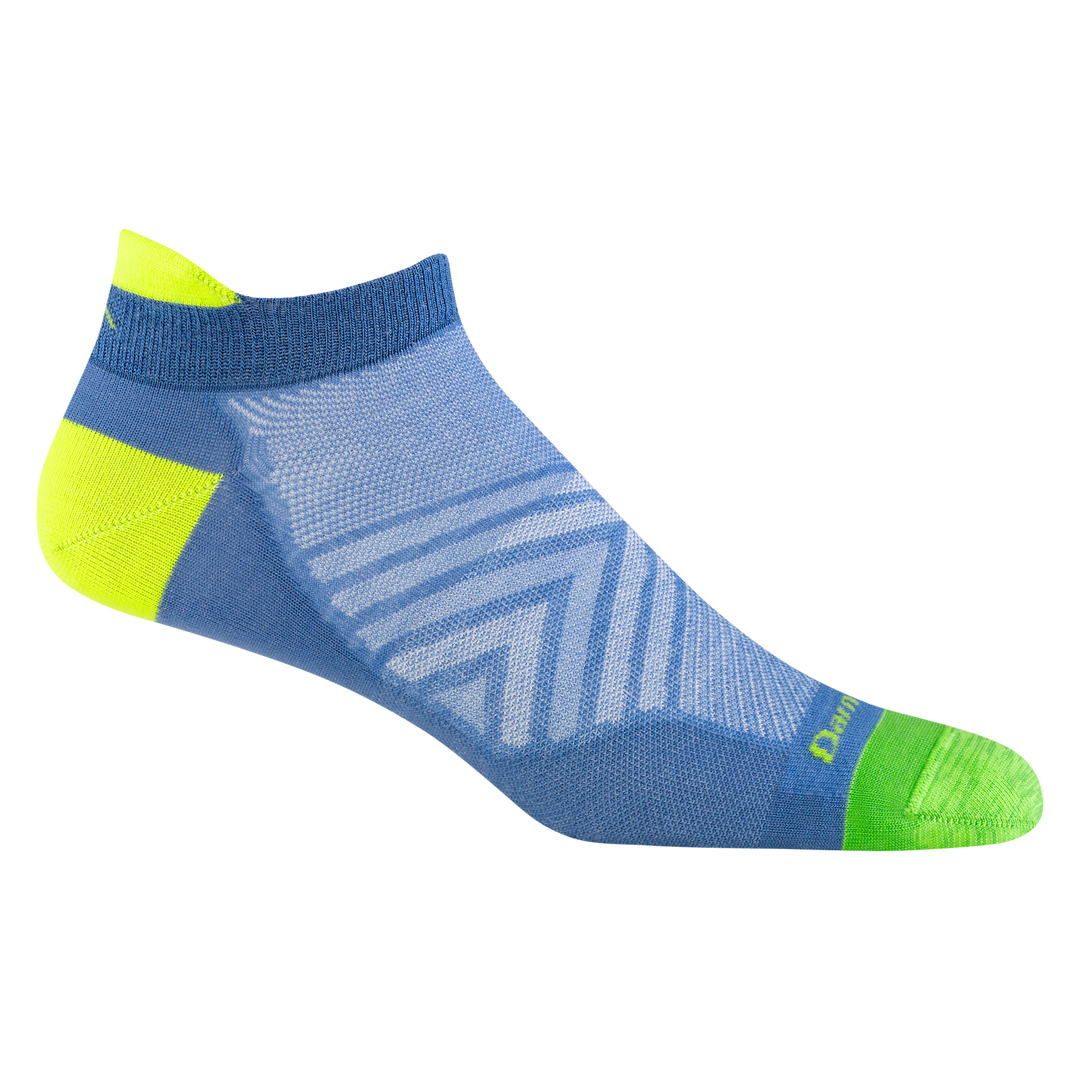1033 men's no show tab running sock in surf blue with green toe and yellow heel and tab accents