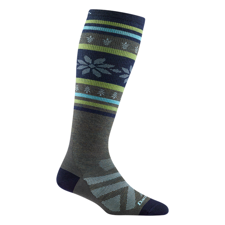 8021 women's alpine over-the-calf ski sock in color forest green with navy toe/heel accents and navy and green calf striping