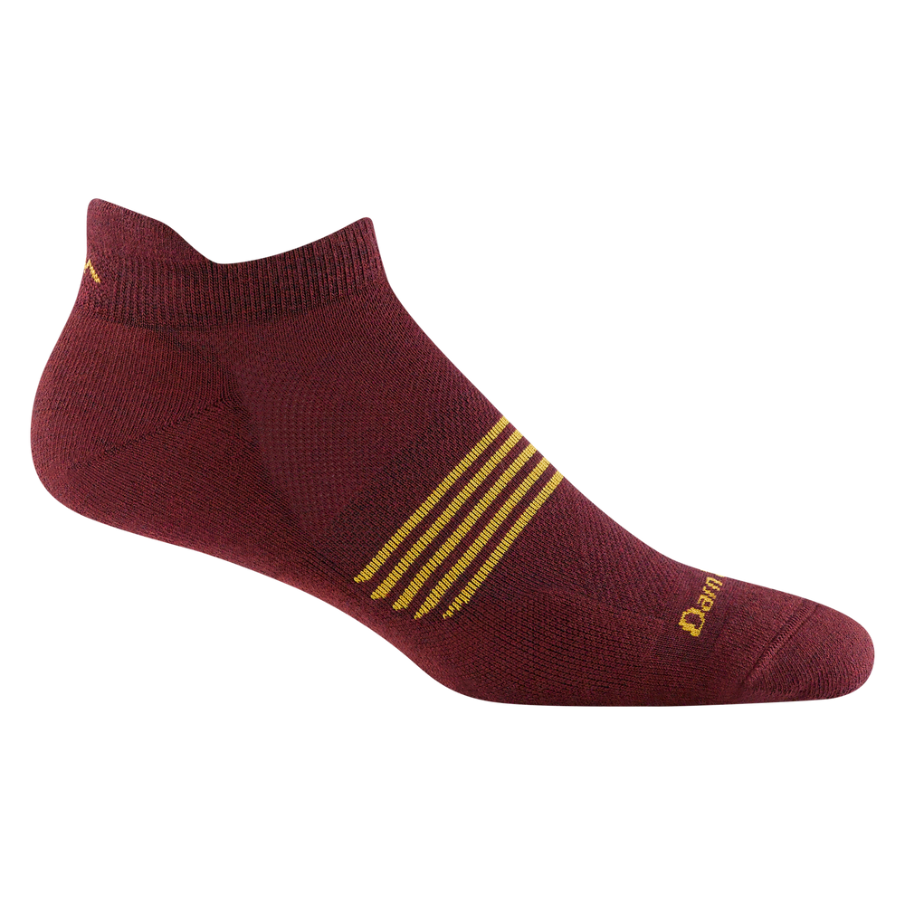 1116 men's element no-show tab running sock in burgundy with yellow horizontal forefoot striping