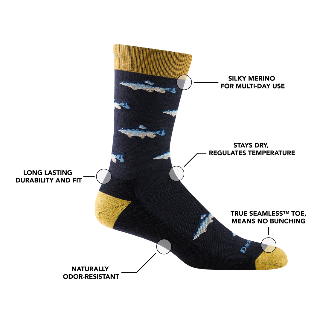 Men's spey fly crew lifestyle sock with feature benefit callouts such as natural odor resistance and temperature regulation