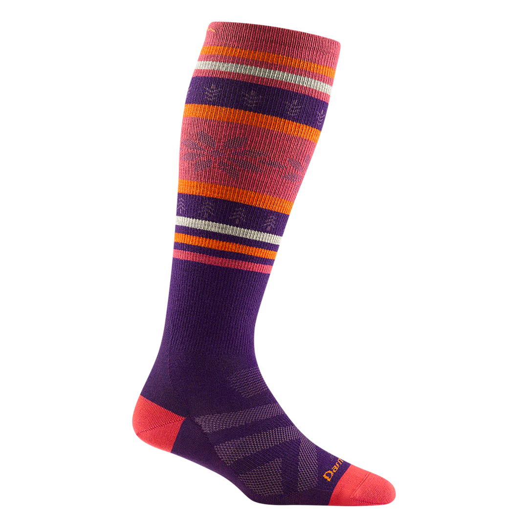 8021 women's alpine over-the-calf ski sock in color purple with coral toe/heel accents and orange and pink calf striping
