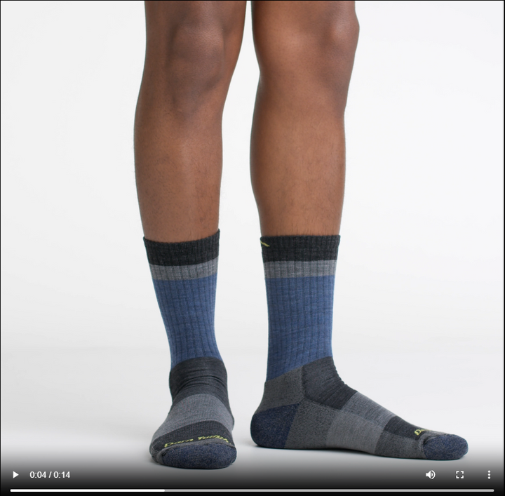 Video of model wearing heady stripe micro crew socks in blue, showing a 360 degree view of them.