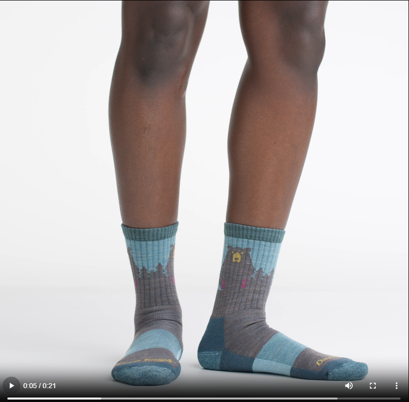 Video of model wearing bear town micro crew socks in aqua, rotating their feet to show the fit of the socks.