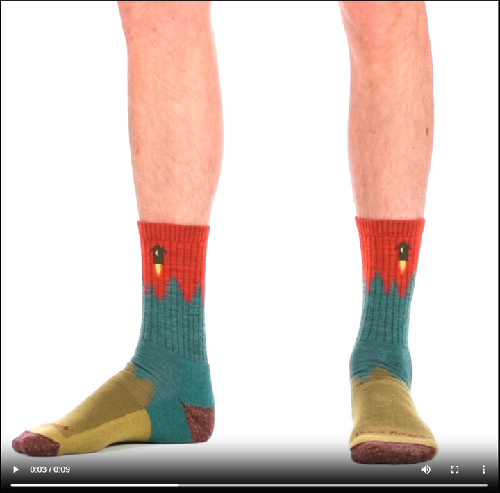 Video of model wearing Number 2 micro crew socks in teal, rotating around to show the fit of the socks.