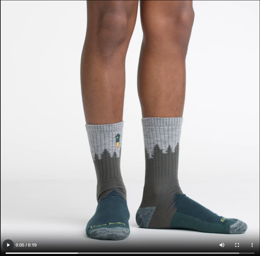 Video of model wearing Number 2 micro crew socks in green, rotating around to show the fit of the socks.
