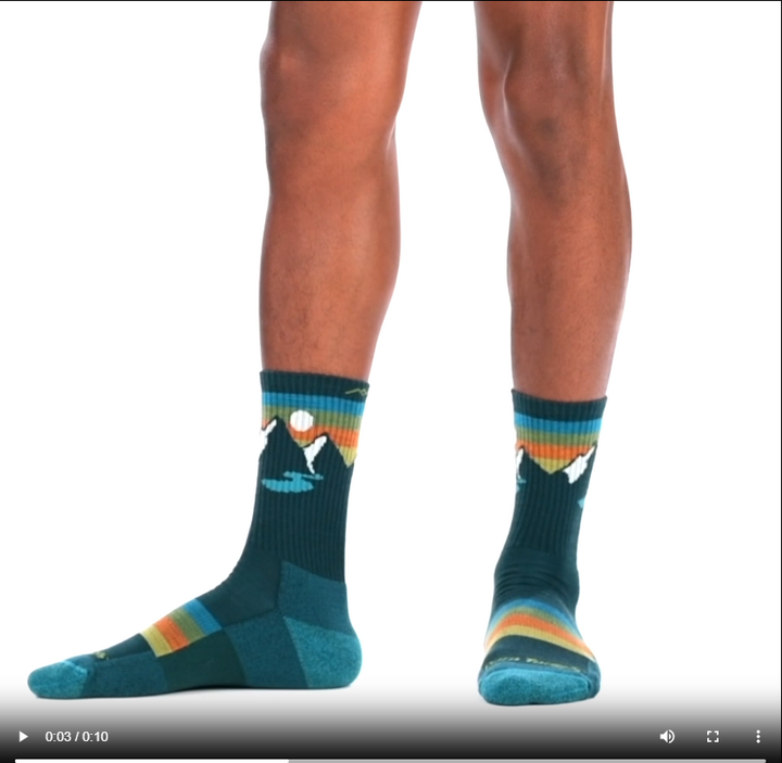 Video of model wearing Sunset ridge Micro crew socks in bottle, rotating around to show the fit of the socks.