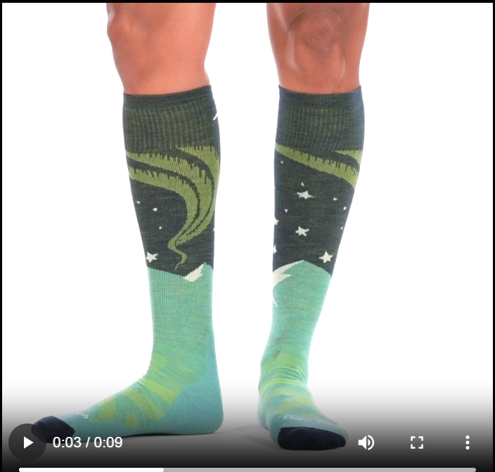 Video of model wearing aurora over the calf socks in aqua, rotating around to show all angles of the socks.