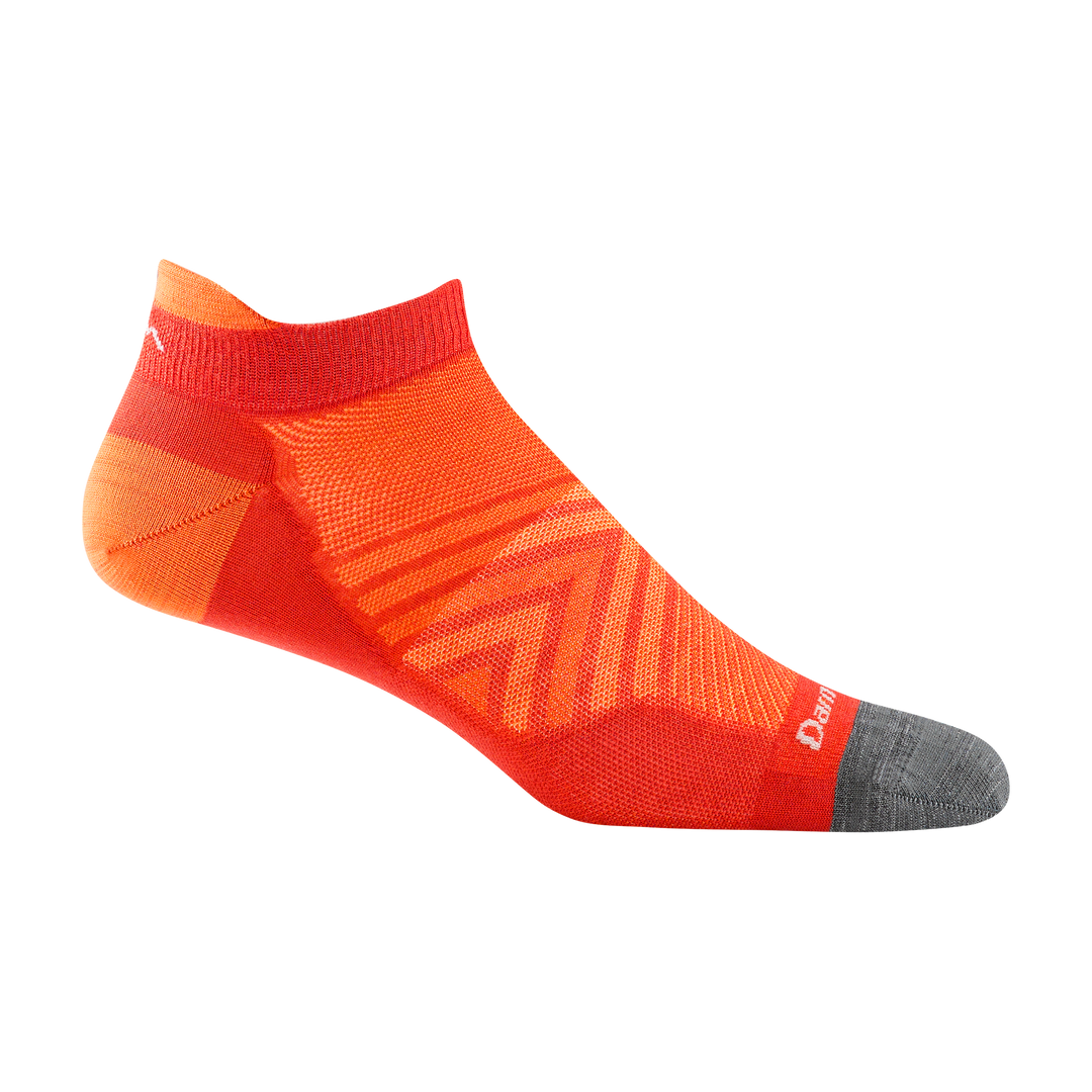 1033 men's no show tab running sock in orange with gray toe and light orange heel, tab, and forefoot chevron