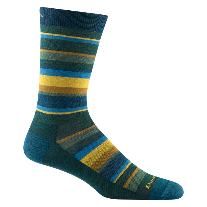 6090 men's druid crew lifestyle sock in color bottle green with teal toe/heel accents and blue, gold, and green striping