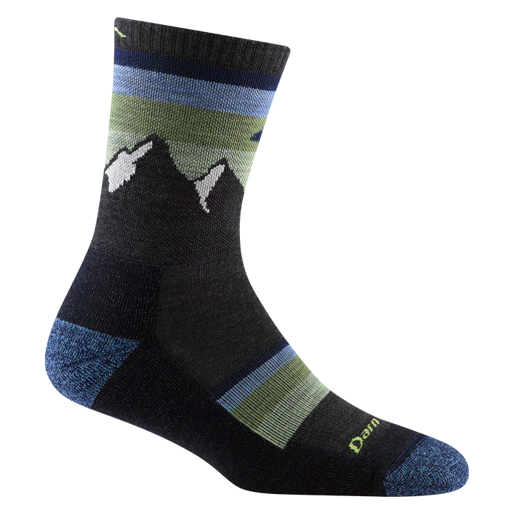 Reverse side of women's sunset ledge micro crew hiking sock in charcoal with green and blue forefoot striping