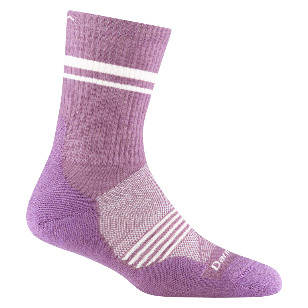 1114 women's element micro crew running sock in violet with white forefoot striping and 2 white horizontal leg stripes