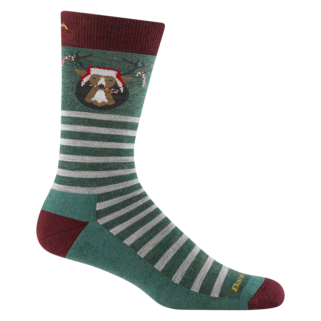 6211 Men's wild life in Evergreen featuring a  maron heel/toe/cuff and green and white stripe body with deer head eating candy cane.