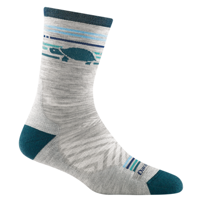 1050 women's pacer micro crew running sock in gray with teal toe/heel accents and turtle design on calf