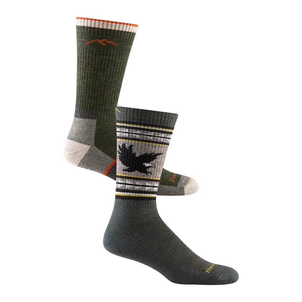 2 pack bundle shot of the men's vangrizzle boot sock in forest and the men's boot hiking sock in olive