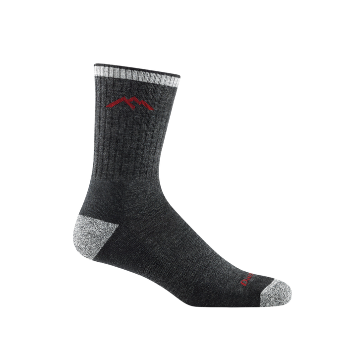 1466 men's micro crew hiking sock in color black with light gray toe/heel accents and red darn tough signature on forefoot